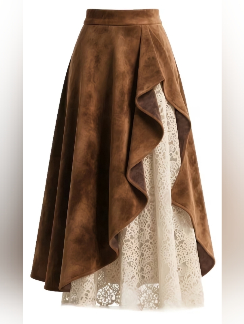 Asymmetrical Brown Suede-Look Maxi Skirt with Ivory Lace Inset